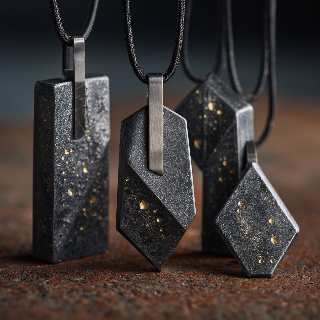 A close-up of a unique handmade resin necklace with embedded natural elements